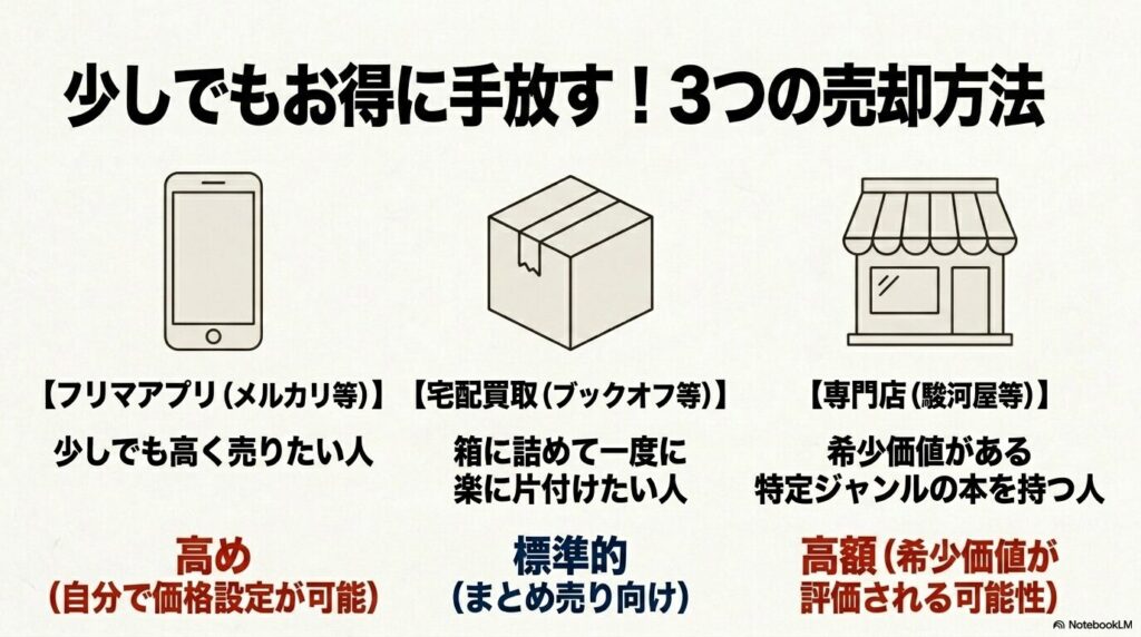 写真集を売却する3つの方法として、フリマアプリ、宅配買取、専門店のそれぞれの特徴を比較した図。