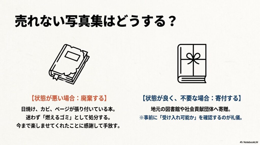売れない写真集の扱いについて、状態が悪い場合は廃棄、良い場合は寄付するという2つの選択肢を提示。