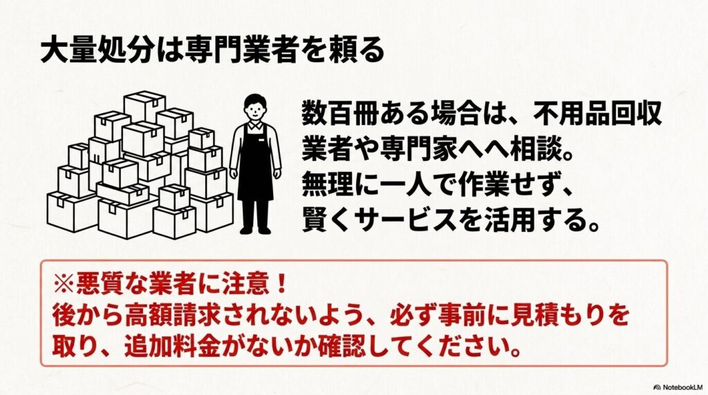 大量の写真集を処分する際は専門業者を利用することを勧め、悪質業者への注意点を記載したスライド。