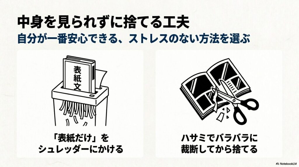 廃棄時にプライバシーを守るため、表紙をシュレッダーにかけたりハサミで裁断したりする工夫を紹介。