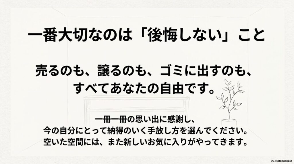 写真集を手放す際に最も大切なのは後悔しないことであり、思い出に感謝して納得のいく方法を選ぶよう促す結び。