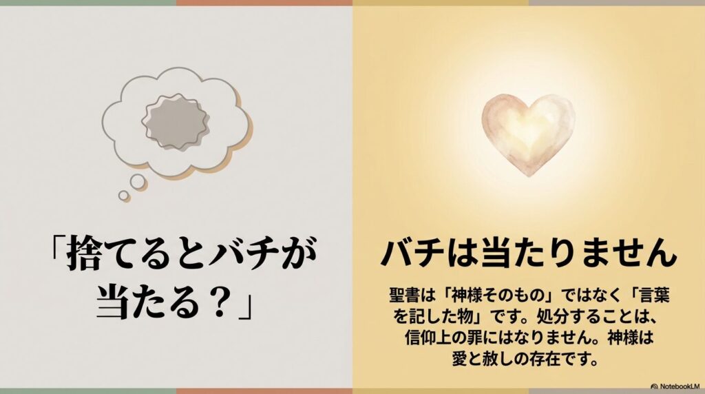 聖書を処分してもバチは当たらないという、信仰上の考え方を説明するスライドです。