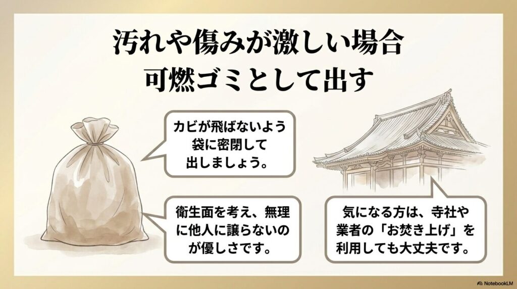 汚れや傷みが激しい場合に、可燃ゴミとして出す際の注意点とお焚き上げの選択肢を説明しています。