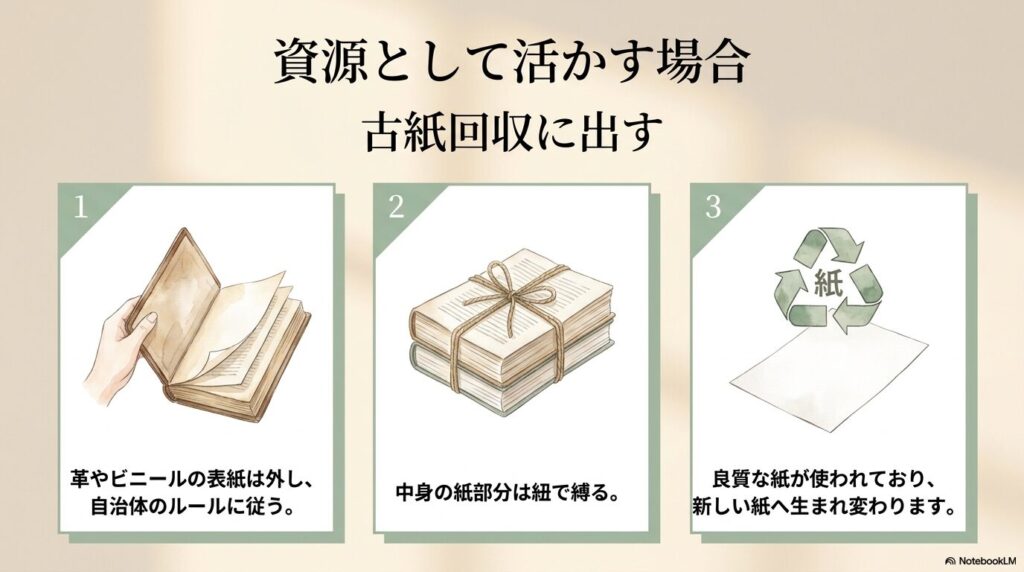 聖書を資源として古紙回収に出す際の手順を、表紙の取り外しから再利用まで3ステップで紹介しています。