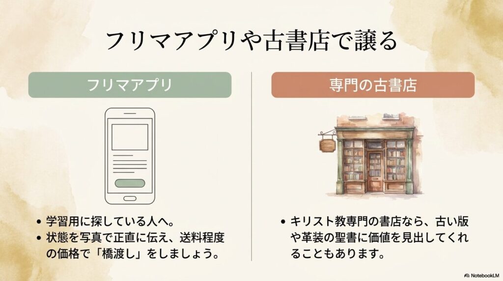 フリマアプリや専門の古書店を通じて、聖書を必要とする次の人へ譲る方法を紹介しています。
