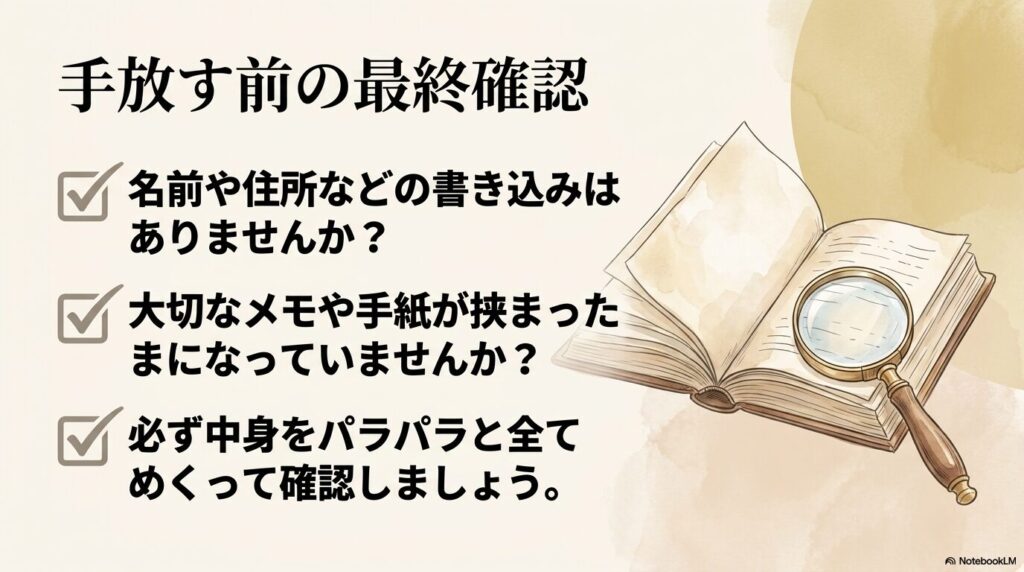聖書を手放す前に、個人情報の書き込みや私物が挟まっていないかを確認するチェックリストです。