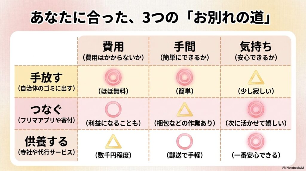 「手放す」「つなぐ」「供養する」の3つの方法を、費用、手間、気持ちの3項目で比較した表です。
