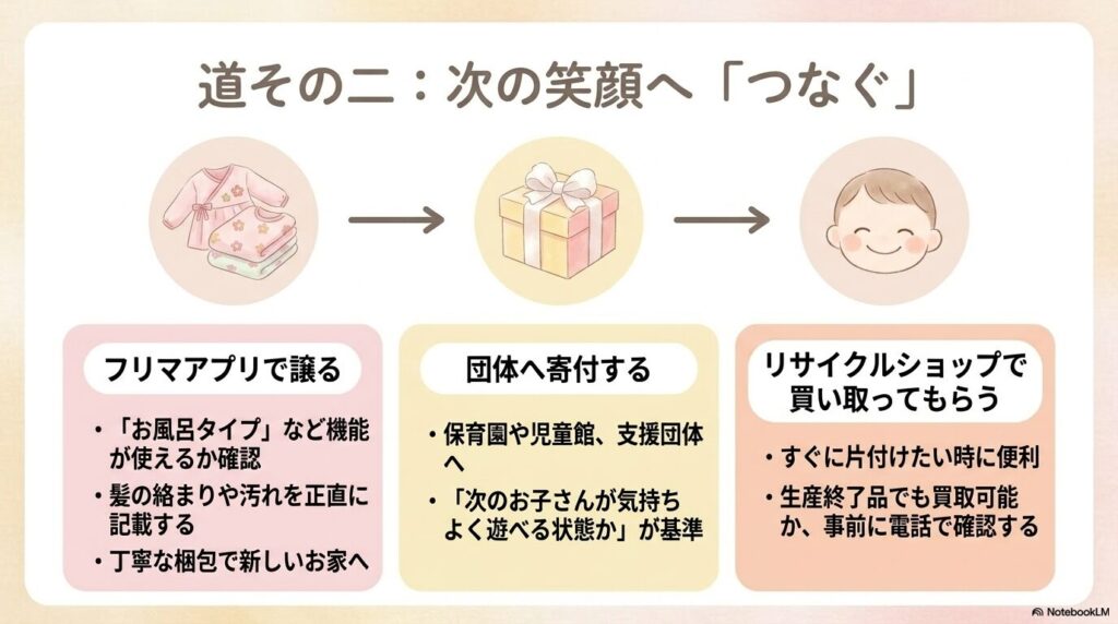 フリマアプリ、寄付、リサイクルショップという、人形を次の持ち主へ繋げる3つの方法を解説しています。