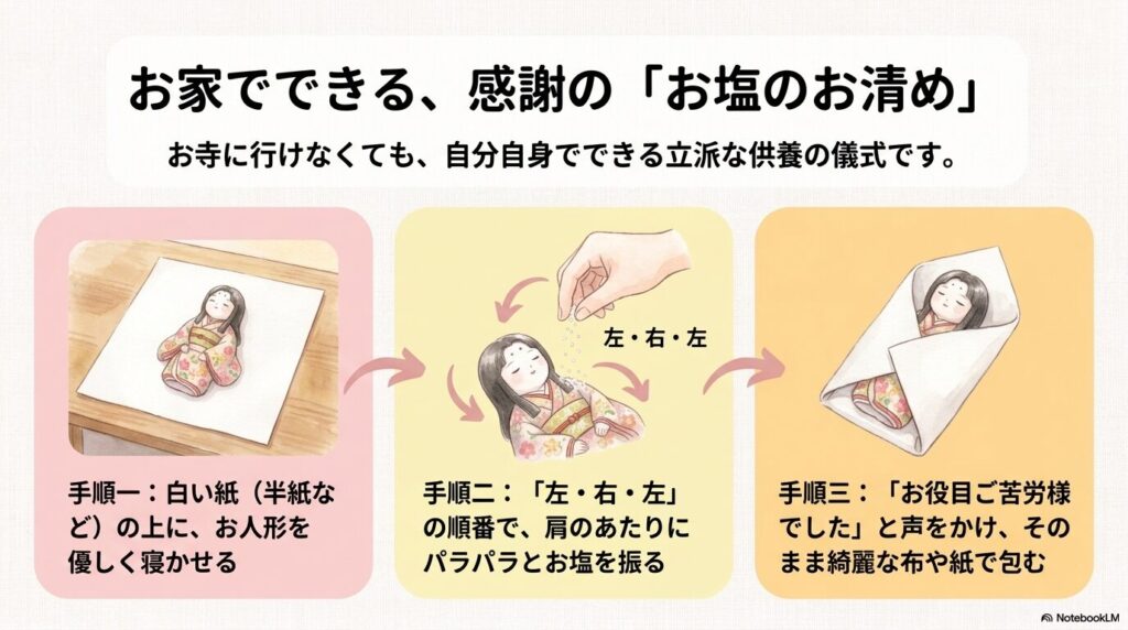 自宅で感謝を込めて人形を供養する「お塩のお清め」の具体的な3つの手順をイラスト付きで解説しています。