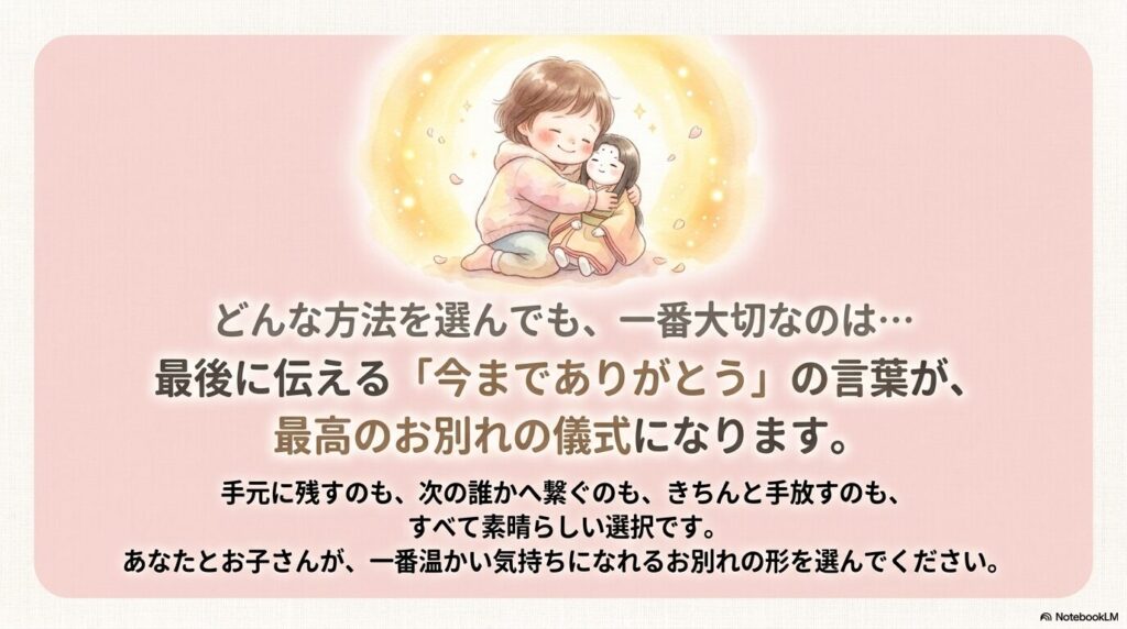 お別れの最後に伝える感謝の言葉が最も大切であるというメッセージと、納得できる方法を選ぶことを勧めています。