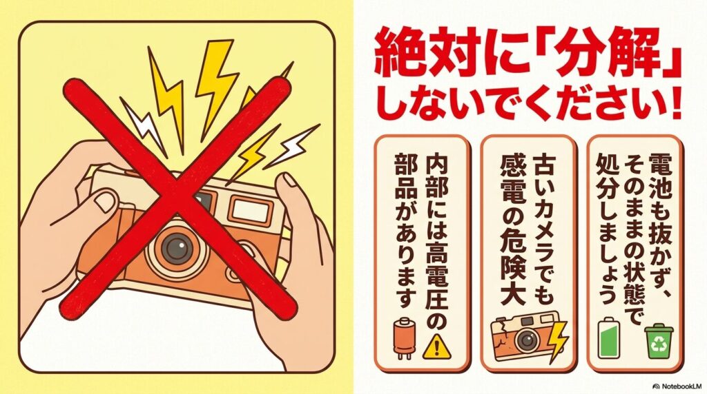 感電の危険があるため、使い捨てカメラを絶対に分解せずそのまま処分することを促す警告スライドです。