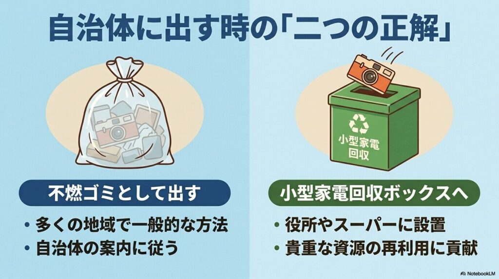 自治体での処分方法として、不燃ゴミに出す方法と小型家電回収ボックスを利用する方法を紹介しています。