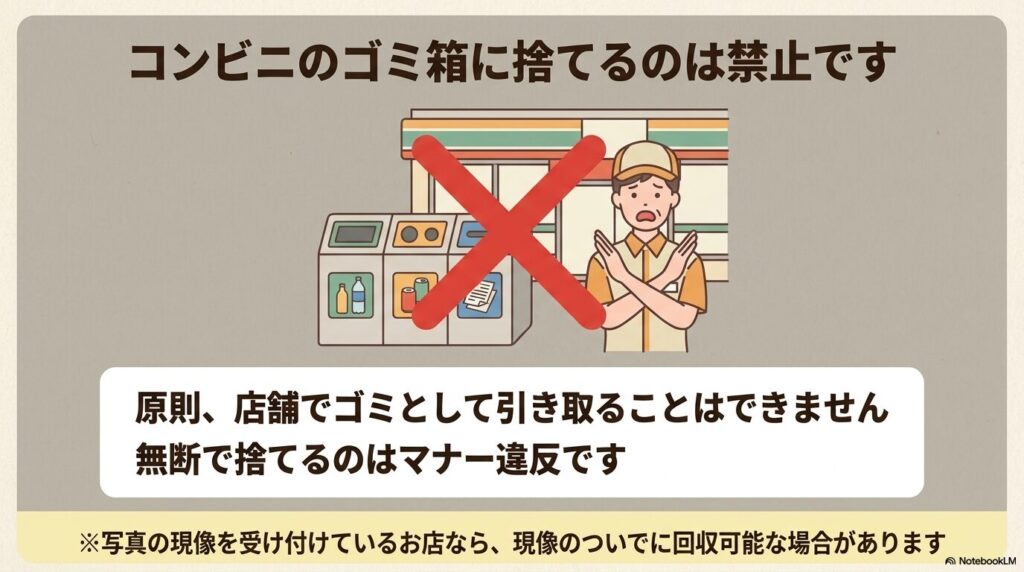 コンビニのゴミ箱への廃棄禁止と、写真店での現像に伴う例外的な回収について説明しています。