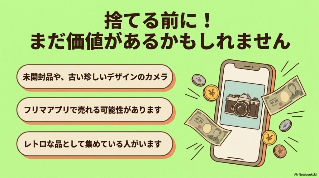 処分する前に、希少なデザインや未開封品がフリマアプリで売れる可能性があることを伝えています。
