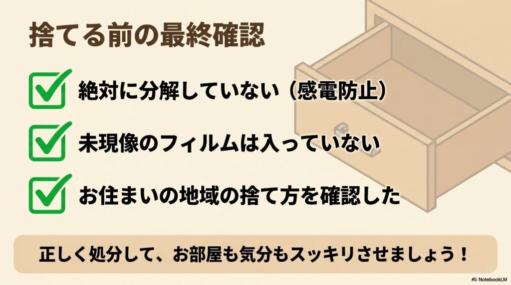 廃棄前に、分解の有無、フィルムの有無、自治体ルールの3点を確認する最終チェックリストです。