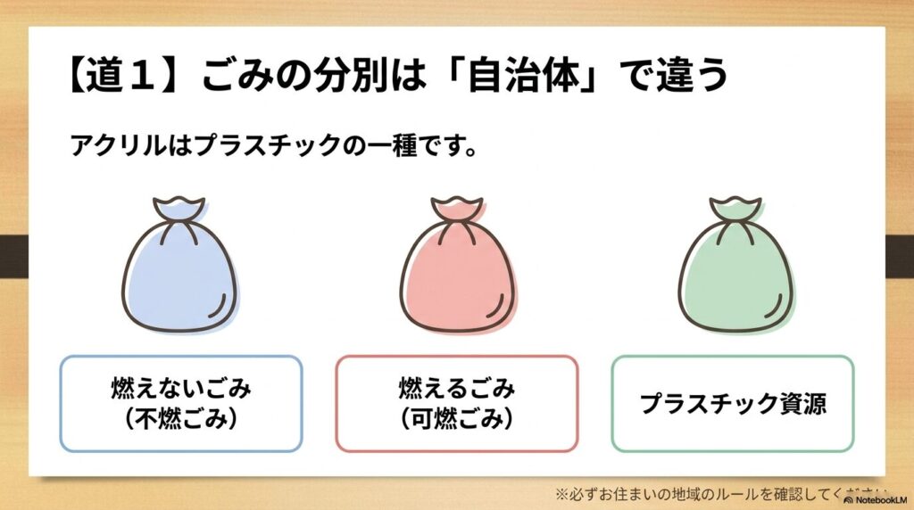 アクリルケースをゴミとして出す際の分別方法が、自治体によって異なることを説明しています。