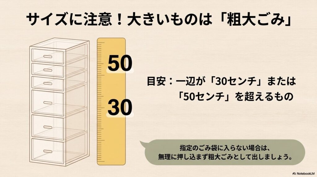 一定のサイズを超える大きなアクリルケースは、粗大ゴミとして扱う必要があることを説明しています。