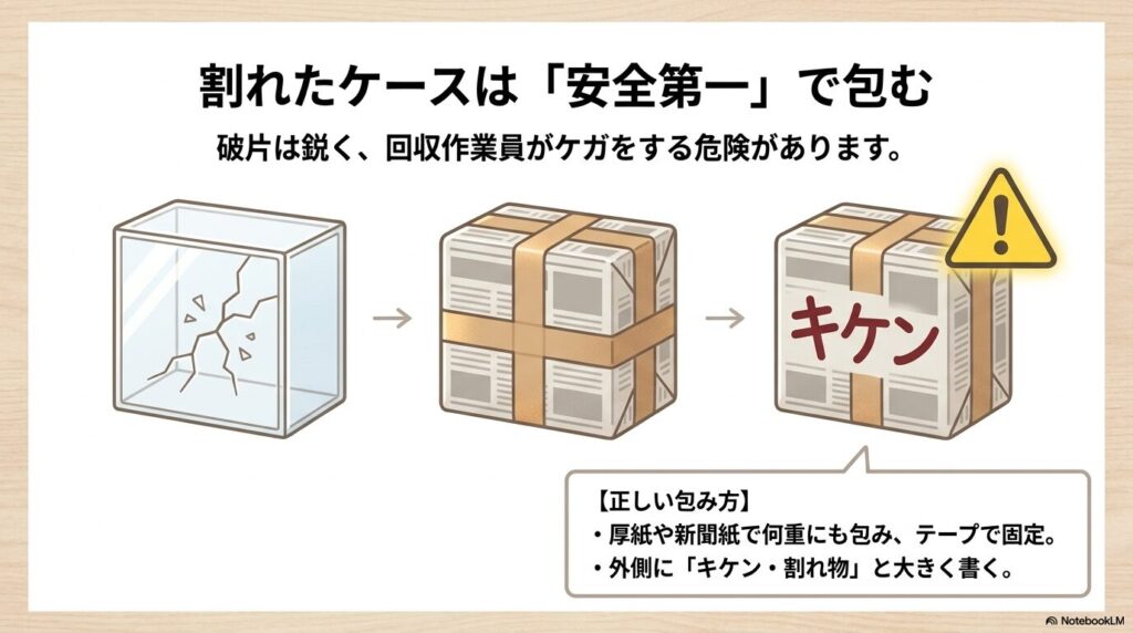 割れたアクリルケースを安全に処分するための、新聞紙での包み方と表示方法を説明しています。
