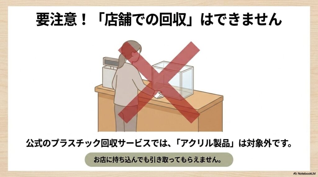 店舗でのプラスチック回収サービスではアクリル製品は対象外であることを注意喚起しています。