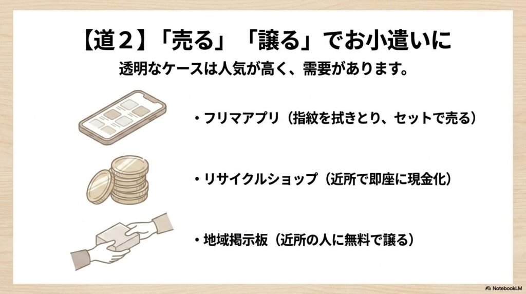 フリマアプリやリサイクルショップ、地域掲示板を利用してアクリルケースを譲渡・売却する方法を提案しています。