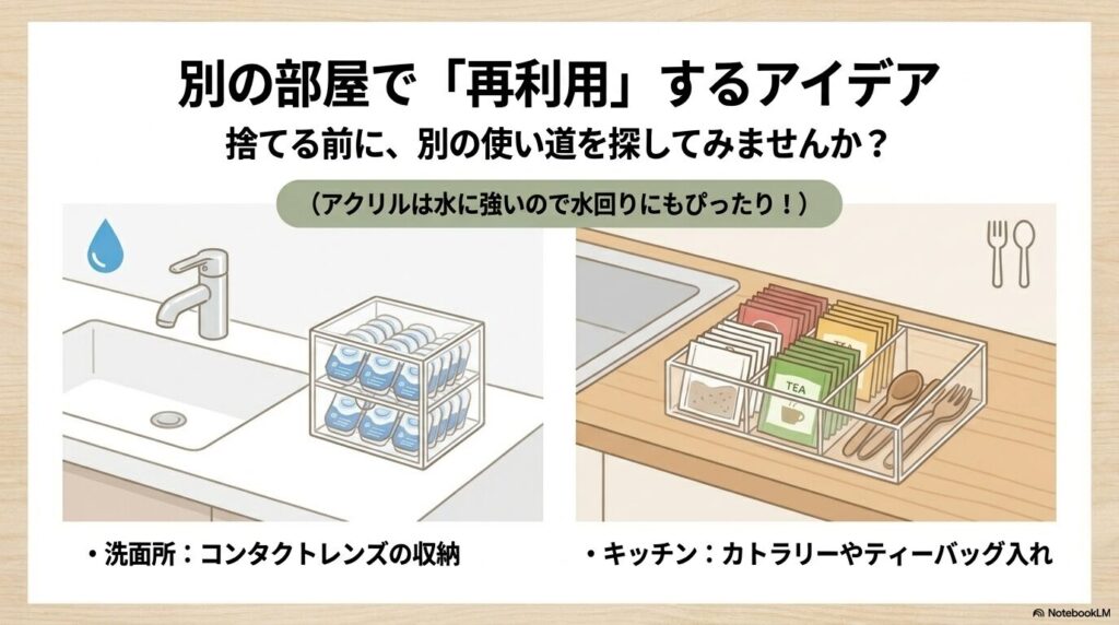 洗面所やキッチンでのアクリルケースの再利用アイデアを紹介しています。