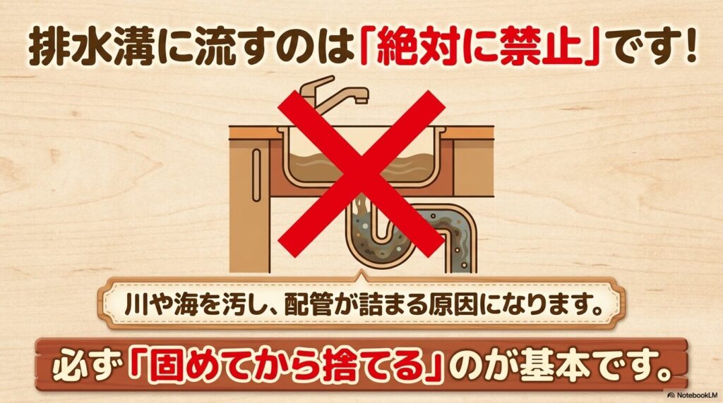 排水溝にニスを流すと環境汚染や配管詰まりの原因になるため、必ず固めてから捨てるよう警告するスライドです。