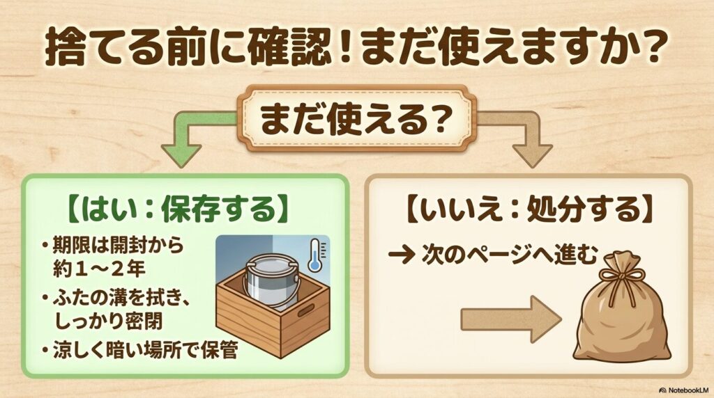 ニスを捨てる前に使用可能か確認し、保存する場合の注意点と処分する場合のフローを示すスライドです。