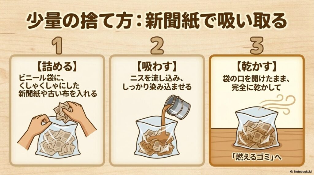 少量のニスを新聞紙や布に吸わせてから乾かし、燃えるゴミとして出す3つのステップを説明するスライドです。
