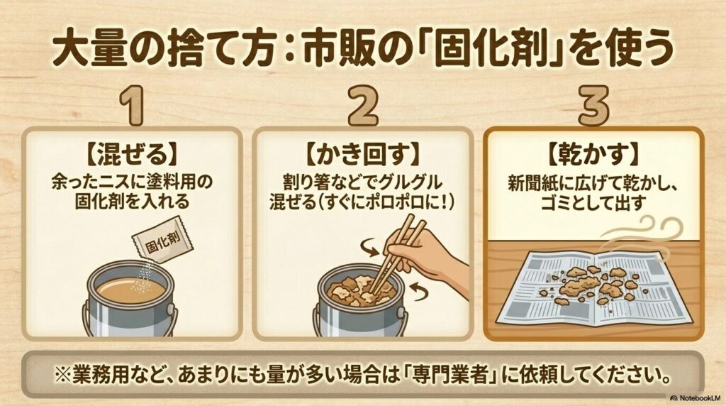 大量のニスを市販の固化剤で固めてから新聞紙に広げて乾かし、処分する方法を説明するスライドです。
