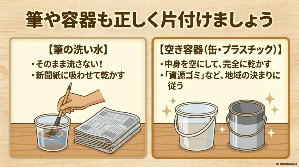 筆を洗った水や空の容器の適切な処理方法と、地域のルールに従った分別の重要性を説明するスライドです。