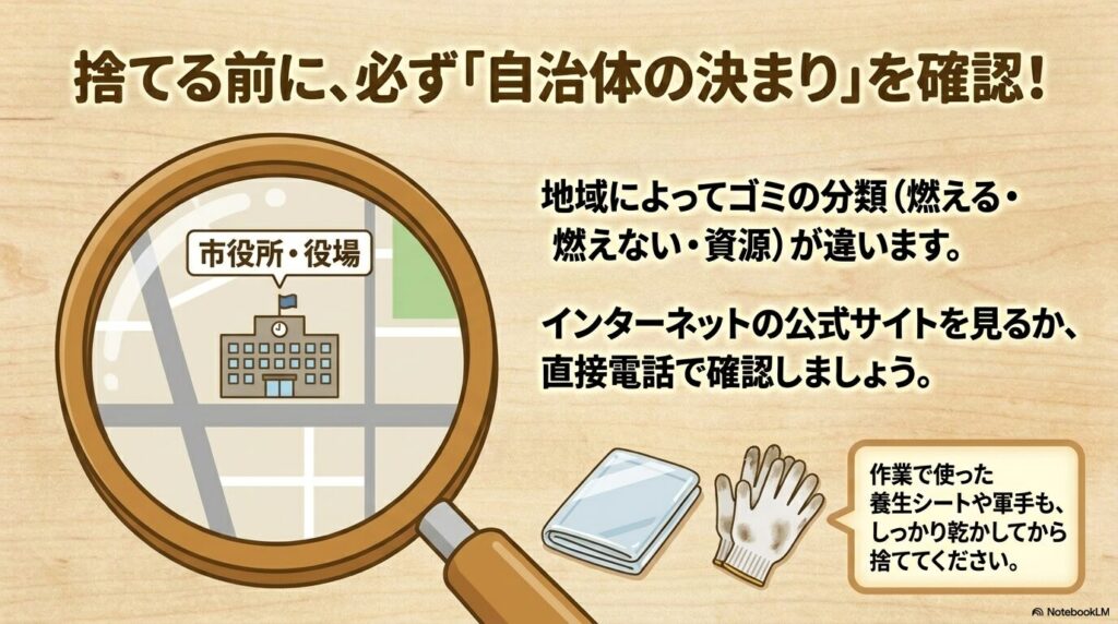 ゴミの分別ルールは地域により異なるため、自治体の指示を確認することと、副資材の処分時の注意を促すスライドです。