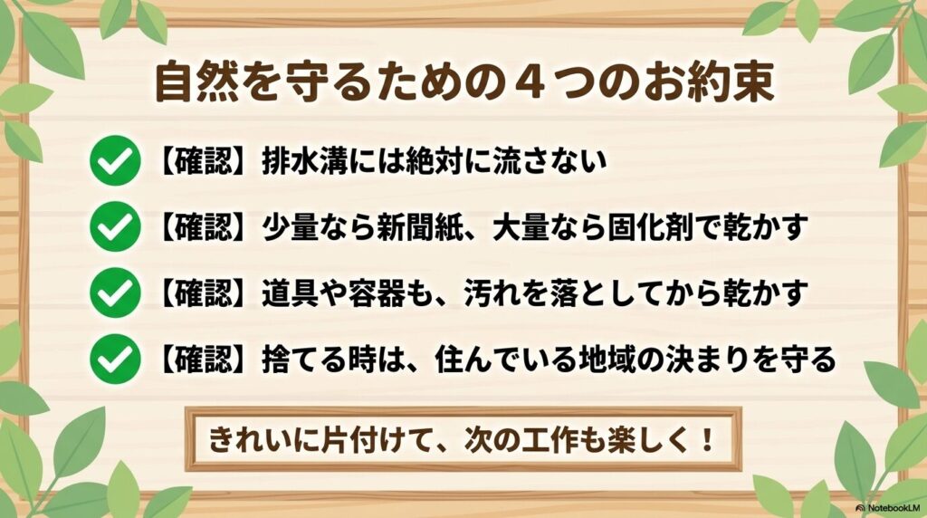 水性ニスの後片付けにおける4つの重要事項をまとめた、チェックリスト形式のスライドです。