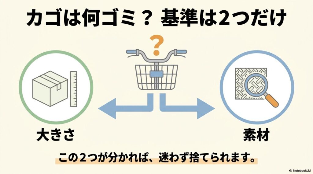 自転車カゴを何ゴミとして捨てるかを判断するための、「大きさ」と「素材」という2つの基準を解説。