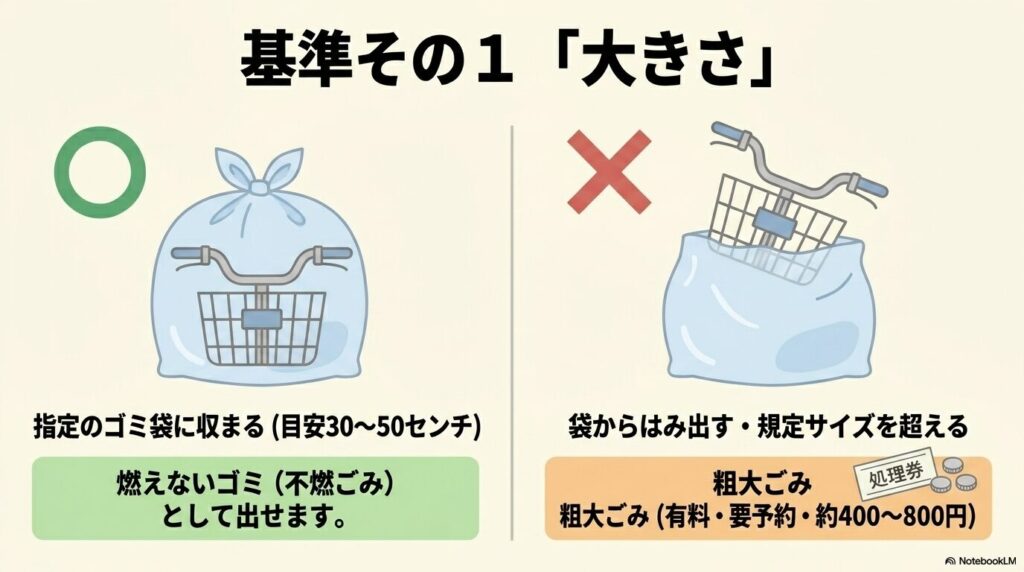指定のゴミ袋に収まるサイズなら不燃ゴミ、収まらない場合は有料の粗大ゴミになるという大きさの判断基準。