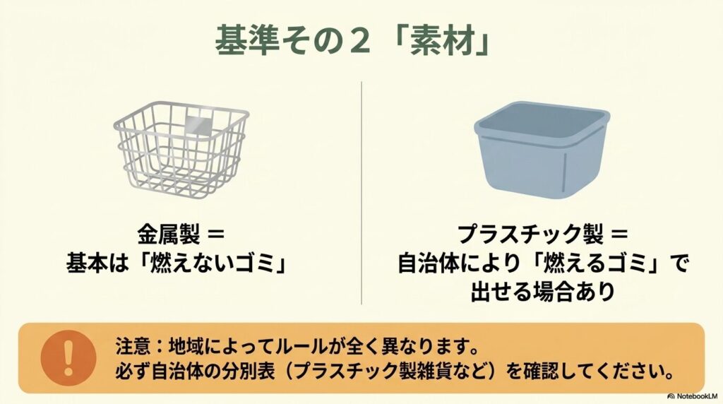 金属製は不燃ゴミ、プラスチック製は自治体により可燃ゴミとして出せる場合があるという素材別のルール。