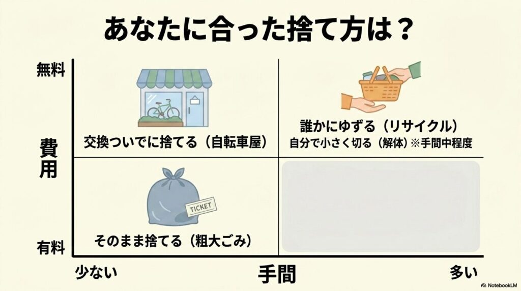 費用と手間の軸から、自転車屋への依頼、自己解体、粗大ゴミ、譲渡などの処分方法を比較した表。