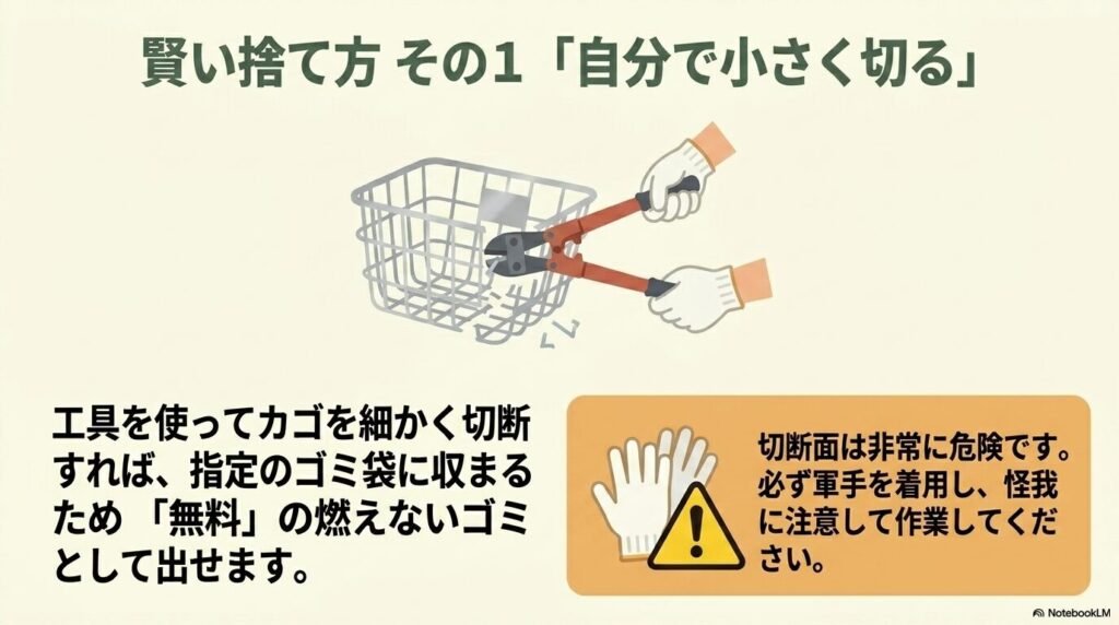 工具を使ってカゴを細かく解体し、指定ゴミ袋に入れて無料で処分する方法と安全上の注意点。