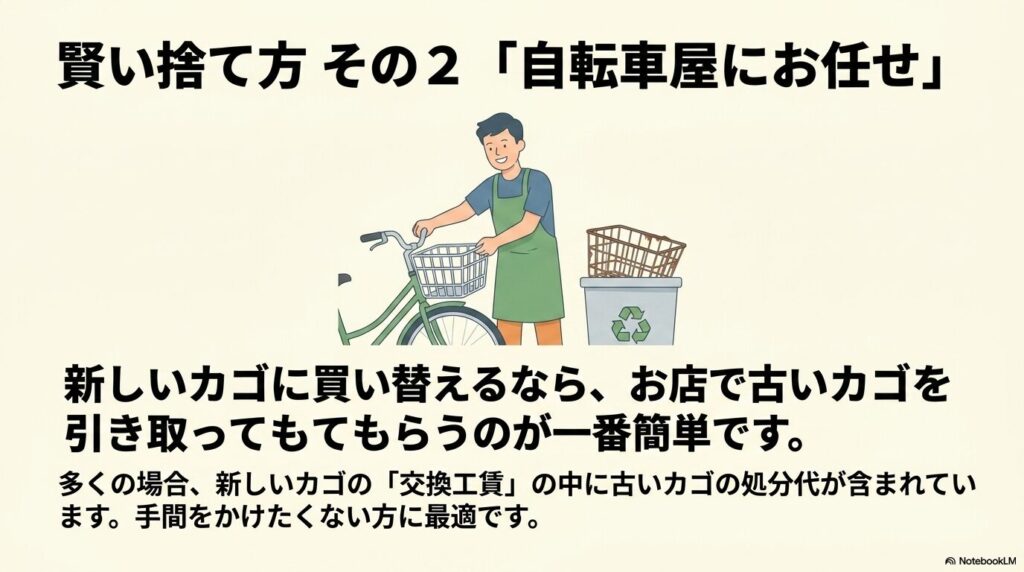 自転車屋で新しいカゴを購入する際に、古いカゴを引き取ってもらう手間のかからない処分方法。