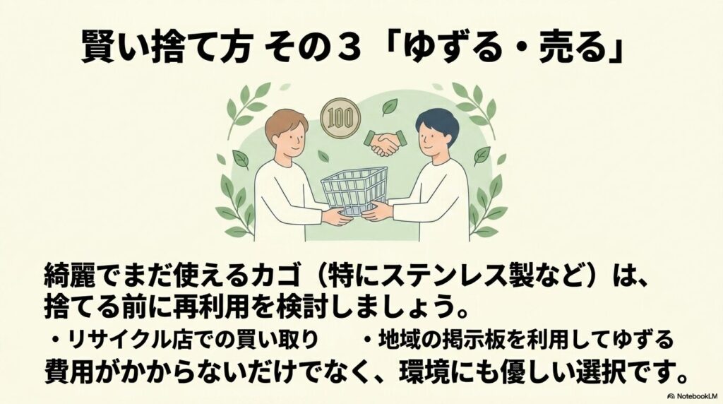 リサイクルショップや地域の掲示板を通じて、まだ使えるカゴを売却または譲渡する環境に優しい方法。