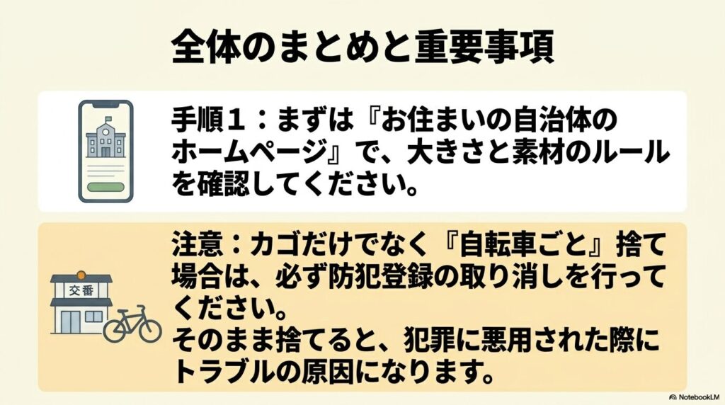 自治体ルールの確認手順と、自転車ごと処分する際に必要な防犯登録抹消の手続きに関する重要事項。