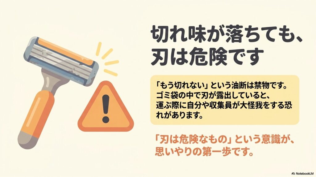 切れ味が落ちたカミソリの刃も危険であり、怪我を防ぐための意識が重要であることを説明するスライド。