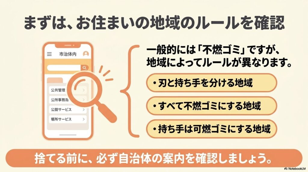 自治体によって異なるカミソリの分別ルールを確認するよう促すスライド。