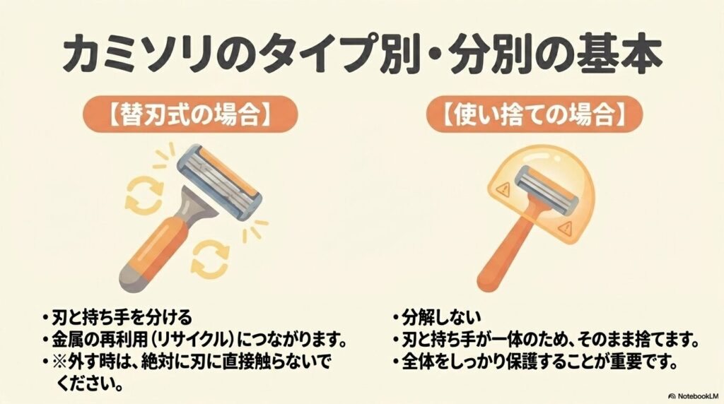 替刃式と使い捨てカミソリのタイプ別による分別の基本を解説するスライド。