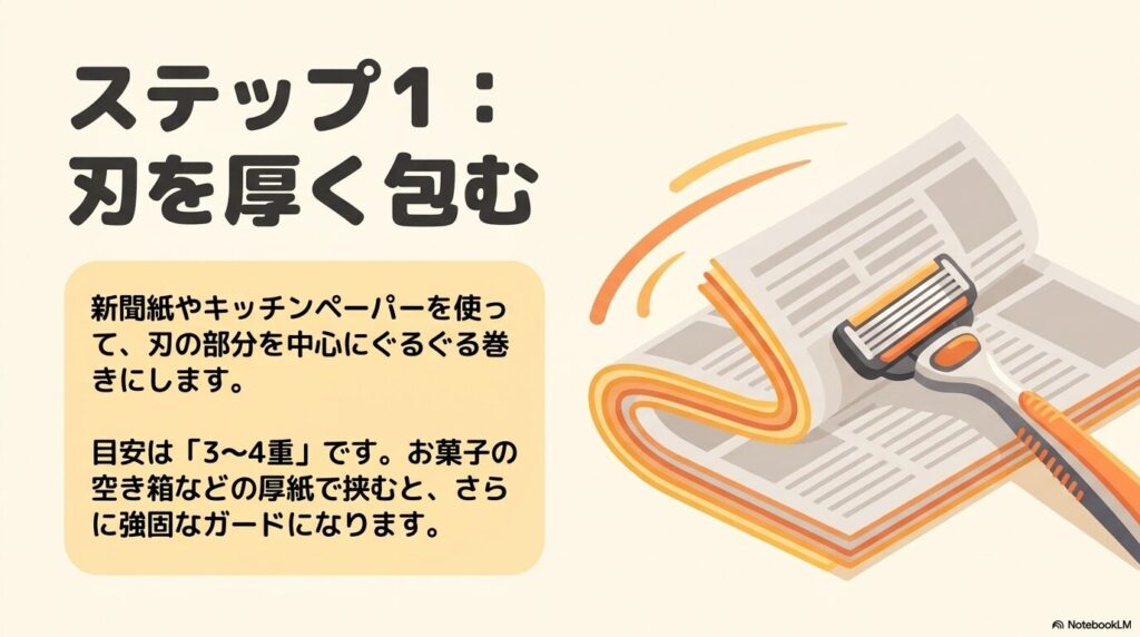 カミソリを捨てる手順のステップ1として、刃を新聞紙などで厚く包む方法を説明するスライド。