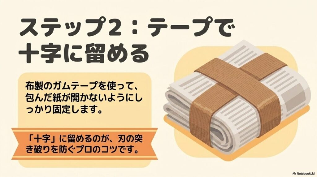 手順のステップ2として、包んだ新聞紙をガムテープで十字に留めて固定する方法を説明するスライド。