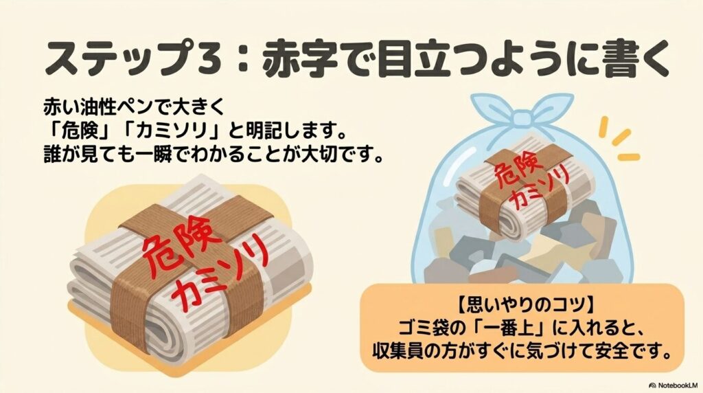 手順のステップ3として、包みに赤字で「危険」と書き、ゴミ袋の一番上に置くコツを説明するスライド。