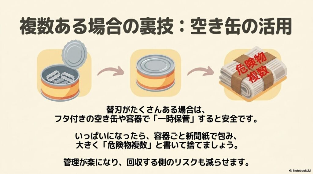 複数の替刃を捨てる際に空き缶を活用して安全に保管・廃棄する方法を紹介するスライド。