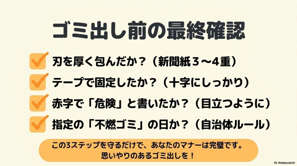 カミソリをゴミに出す前の最終確認事項をチェックリスト形式でまとめたスライド。