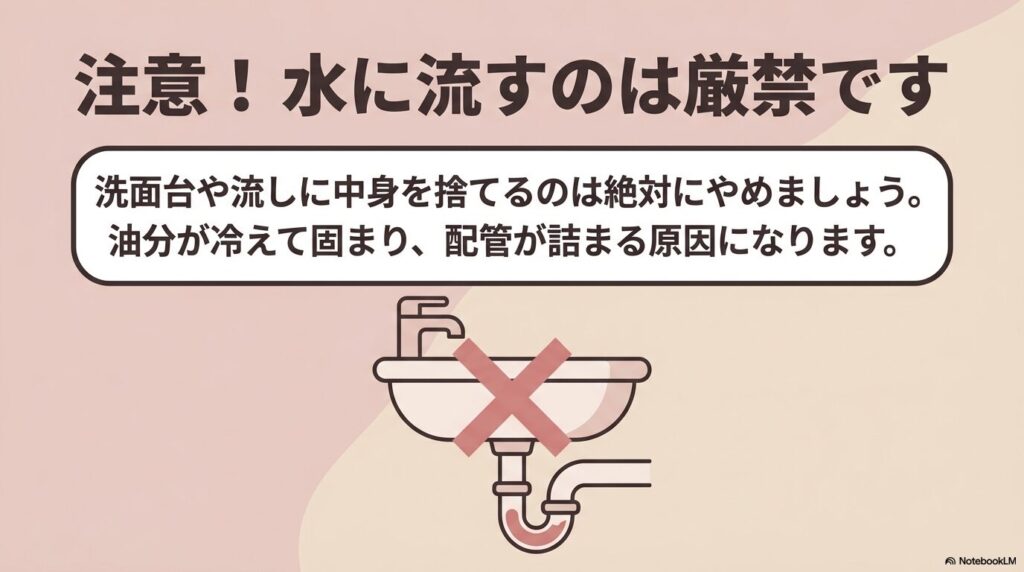 洗面台や流しにグロスを流すと配管が詰まる原因になるため、水に流すのは厳禁であると警告しています。