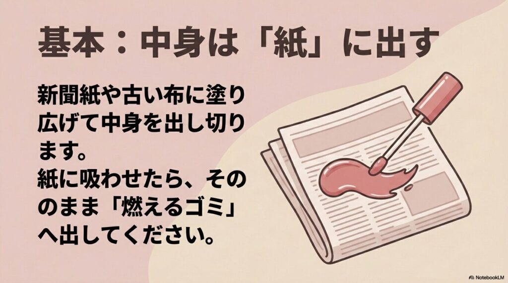中身を新聞紙や古い布に塗り広げて出し切り、燃えるゴミとして捨てるという基本的な方法を説明しています。